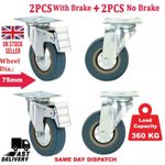 4 x Heavy Duty 360KG 75mm Rubber Swivel Castor Wheels Furniture Trolley Caster