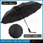 BLACK UMBRELLA 8 RIB STRONG WINDPROOF OPEN CLOSE FOLDING COMPACT TRAVEL NEW