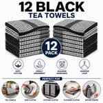 12 Pack Wonderdry Black Check Tea Towels 100% Cotton 50x70cm Kitchen Towels