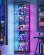 Black Display Cabinet with RGB Lights, Corner Curio Cabinets with Glass Doors