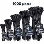 1000 Black Cable Ties Zip Ties Nylon Tie Wraps Small Short Long Thin Heavy Duty