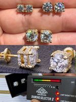 Moissanite 3D Iced Solitaire Screwback Stud Earrings Real 14k Gold Plated Silver