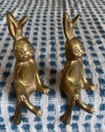 Set of 2 Antique Brass Rabbits Shelf Sitters w/Crossed Legs Decorative Figurine