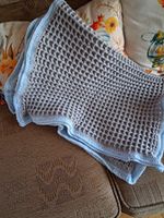 Grey Crochet/Knit Baby Multi-Purpose Blanket with Light Blue Trim, Cot Fit