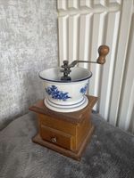 Vintage Ceramic Bowl Wooden Manual Coffee Grinder Blue and White