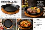 Cast Iron Sizzler Plate Round Wooden Base Heavy 5.5, 8, 10" MixedGrill Meat Fish