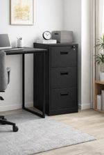 Black Home Office 3 Drawer Steel Filing Cabinet with Lockable Storage and Key