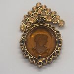Vintage Cameo Brooch Pendant Gold Tone Amber Glass Intaglio Dangle 2.5in