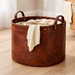 Leather Laundry Basket Hamper Large Round Storage Bin Clothes Organizer Brown