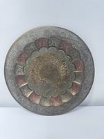 Vintage Etched Brass Peacock Wall Hanging Plate Enamel Inlay Hand Crafted India