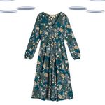 Ex White Stuff Women's Midi Dress Migan Long Sleeve Floral Jersey Teal Green