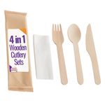 4in1 Disposable Wooden Cutlery Sets, Knife, Fork, Spoon and 2 Ply Napkin
