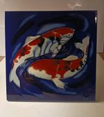 Koi Fish Ceramic Art Tile Plaque Decorative Wall Hanging Or Standing Display