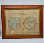 19th-Century Double Hemisphere World Map A. French 1874 Victorian Era 55 x 68cm