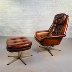 Vintage Mid C 70s Danish Egg Swivel Chair & Footstool by Bramin Cognac Leather