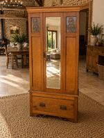 Antique Solid Oak Arts And Crafts Wardrobe With Mirror And Copper Panels
