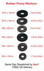 Rubber Penny Washers M5x15mm M6x20/25 M8x25 M10x30 OR M12x36 Pack 1/4/8/12/16/20