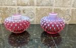2 Vintage Fenton Cranberry Hobnail Opalescent Candlestick Holders Finger Loop