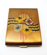 Vintage Zenette Japanese Flowers Art Deco Gilt Metal Powder Compact Case Box