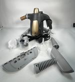 Superlex Handheld Steam Cleaner Grey/Gold with Hose, Nozzles, Brush, Cup, Cloth