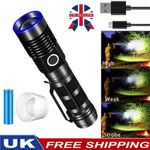 Super Bright LED Torch 25000000LM Powerful Flashlight 4 Modes Rechargeable Zoom