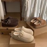 Women Goldenstar Evelina Chestnut Brown Suede Faux Fur Lined Clog Slippers UK345