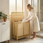 Bamboo Laundry Basket with Lid, 2 Baskets, Foldable, Natural and Cream White