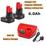 2pc 12V 6.0Ah Li-ion Battery for Milwaukee M12 XC 48-11-2401 2402 2440 + Charger