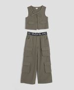 River Island Girls Gilet & Cargo Pants Set Khaki RI Waistband 2 Piece Sleeveless