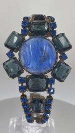 Vintage Czech Blue Glass Rhinestone Bracelet Swirled Cabochon Statement