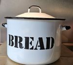 Vintage Enamel Bread Bin Polish Kitchenalia White & Black with Lid 10" High
