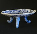 Vintage Oriental Blue and White Porcelain Footed Shallow Dish Bowl Scroll Feet