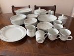 Fine Porcelain Dinner & Tea Set. White with silver rim. Great condition 55 piece