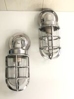 Pair of Industrial Nautical Wall Sconce Lights – Chrome Bulkhead Lamp Fixtures