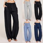Womens Cotton Linen Wide Leg Pants Ladies Elasticated Waist Casual Trousers UK