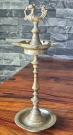 Vintage Brass Samai Oil Lamp Peacock Top Indian Kuthuvilakku Puja Diya 9"