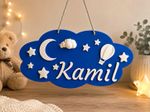 Personalised Cloud Nursery Wall Plaque Name Sign, Moon & Stars, Blue/White