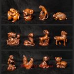 Set of  12 Pcs Boxwood Hand carved 12 Zodiac Animals Statue Netsuke Size 2 inch