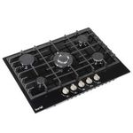 Baridi 70cm Gas on Glass Hob 5 Burner Cast Iron Pan Supports Black Glass - DH228