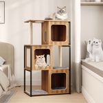 Steel Wood Cat Tree 3 Houses 41.5cm Base with Anti Slip Pads Natural