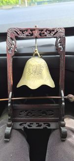 Vintage Meditation Temple Gong Brass Bell Wooden Pagoda Gate Stand + Mallet