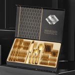 24 Piece GOLD  DINNER SET STAINLESS STEEL METAL BOXED Mirror FORKS Spoon