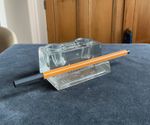 Vintage Art Deco Clear Glass Double Inkwell Desk Set and Pen Holder