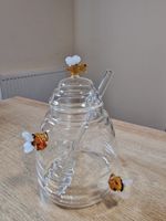 Glass Honey Pot with Little Gold Bee On Top Honey Jar