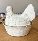 Large Natural Cream Chicken Hen on Nest Egg Storage Holder Cottagecore Ceramic