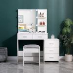 LED Mirror Vanity Desk Modern Dressing Table with Drawers & Stool Makeup Station