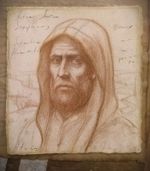 Unique Original Drawing Male Portrait Brown Chalk Ink Gold Paper Signed