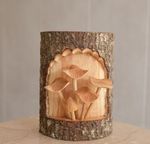 Wild Mushrooms Sculpture, Tree Bark Art, Wooden Statue, Exotic, Hand Carved, Tro