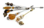 5 x handmade HAT PINS HIJAB PINS LAPEL PINS Honey Jade-Tigers Eye-Shell Pearl
