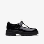 Clarks Girls Prague Brill Kid Black Patent T Bar Shoes,School Shoes Patent